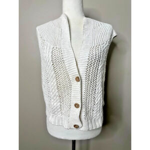 Specialty House White Crochet Sweater Cardigan Vest Large Button Boho Fisherman